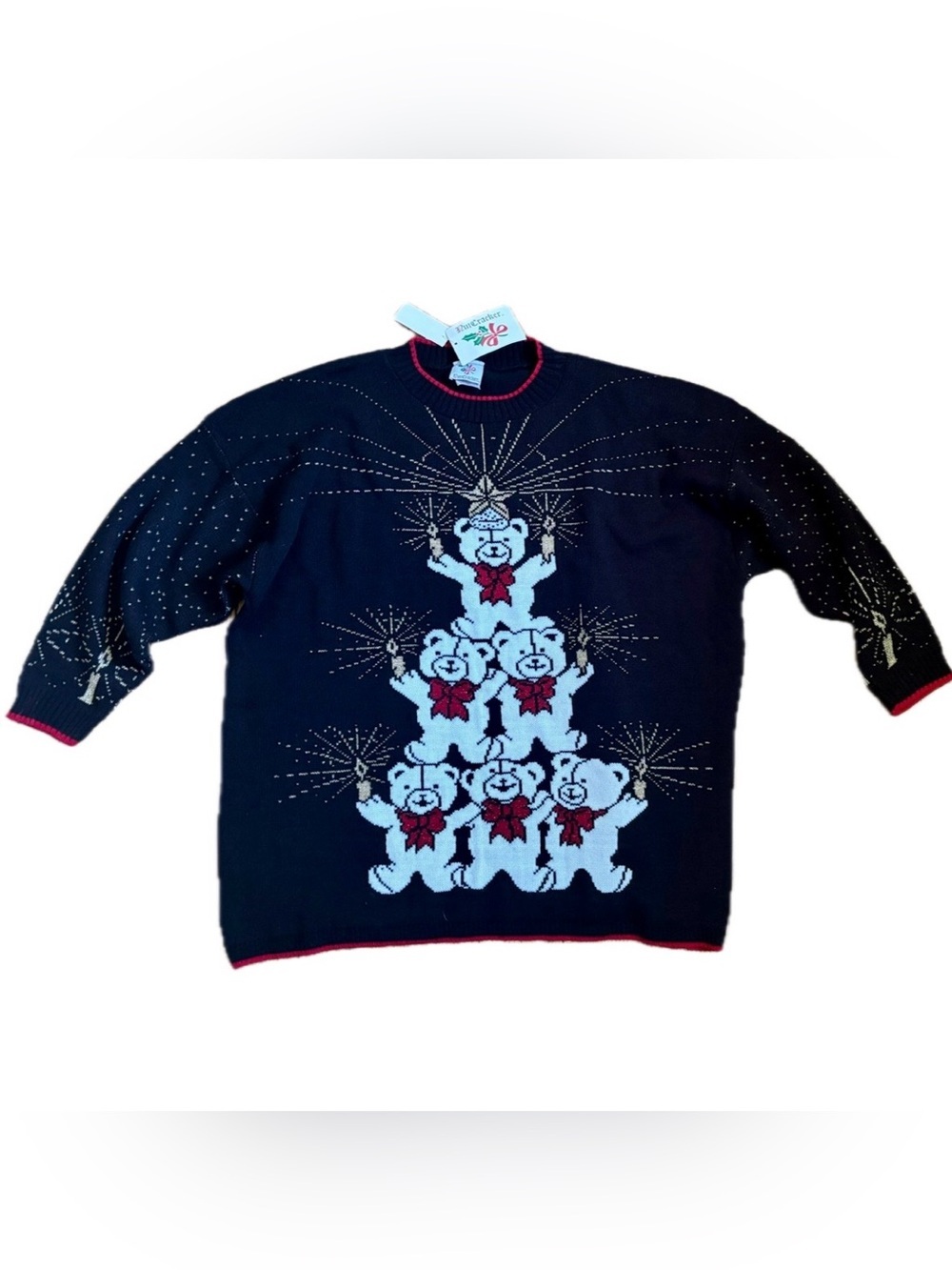 Vintage Black Nutcracker Teddy Bear Pyramid Christmas Sweater Plus Size 26W NOS